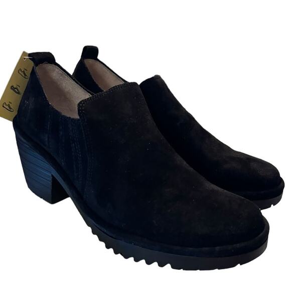 NIB Fly London Oil Suede Shoes Women's Size 36 US 5.5 Black Clog Slip On 2" Heel